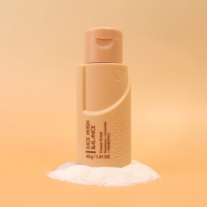 Voshbon Balance Face Wash on Granules with a gradient yellow background.