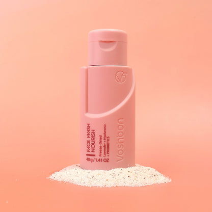 Voshbon Nourish Face Wash on Granules with a gradient pink background.