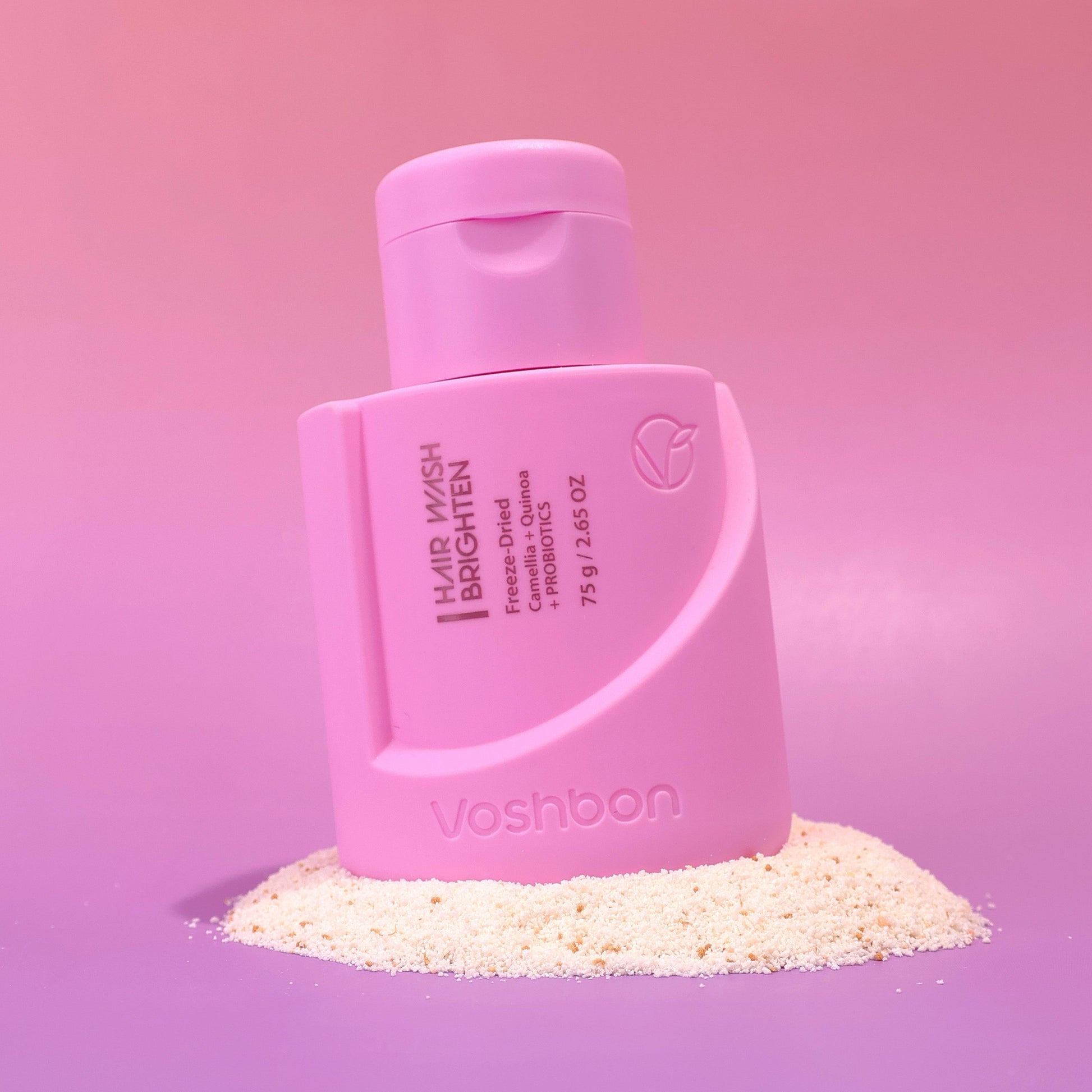Voshbon Brighten Hair Wash on Granules with a gradient pink background.